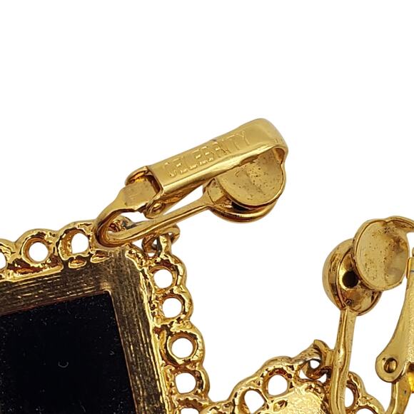 Celebrity Black White Pendant Necklace Clip Earrings Gold Fringe Retro Statement - Picture 7 of 11